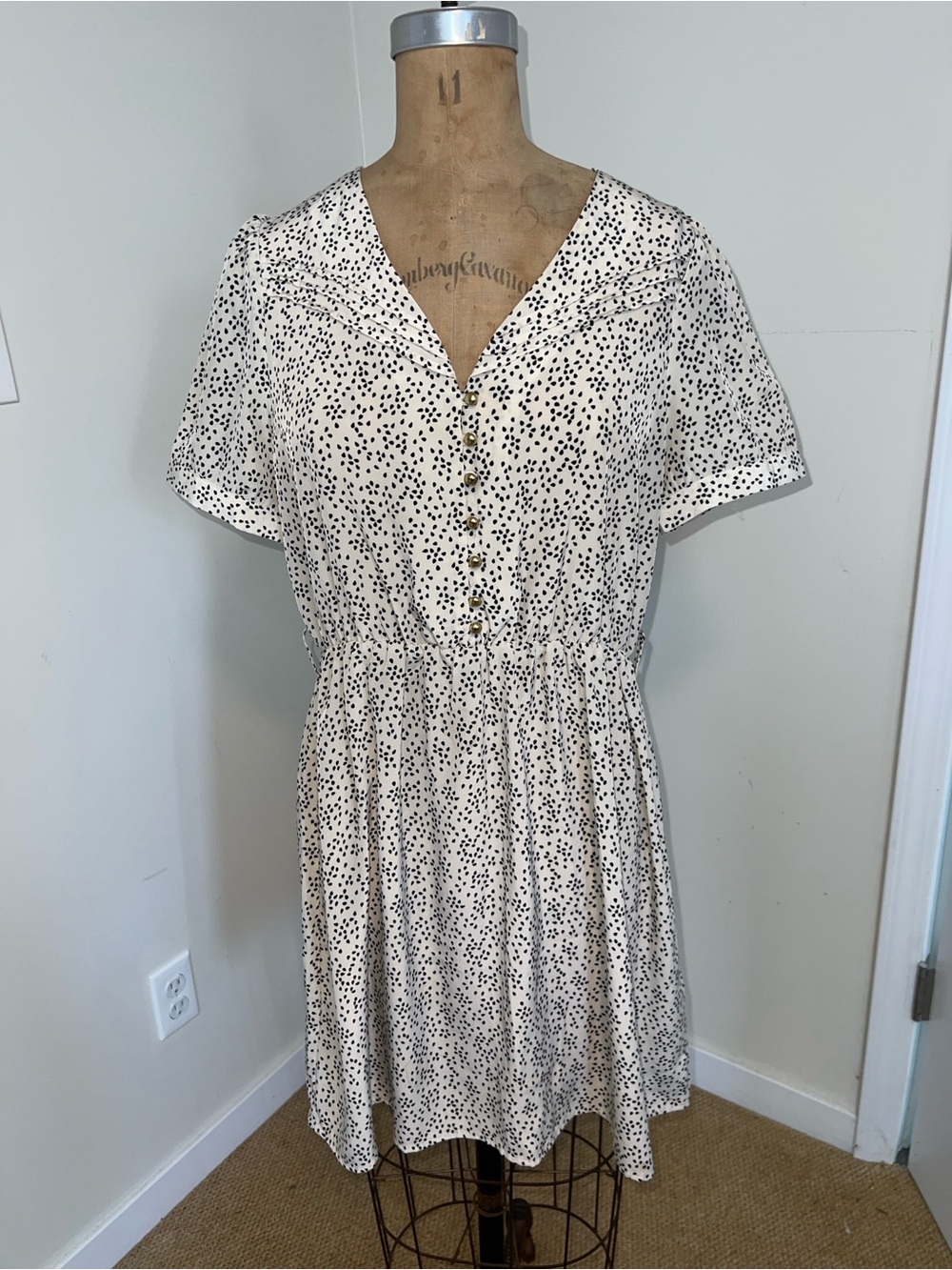 Vintage Forever 21 Cream Midi Dress with Black Dot Print and Button Front